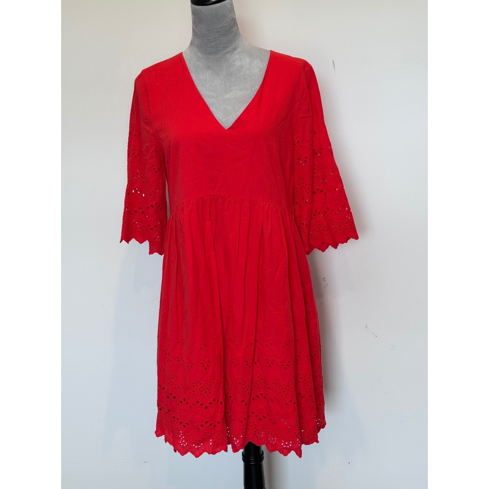 Madewell Red Eyelet Mini Dress V-Neck 3/4 Sleeve Scalloped Hem Size 8